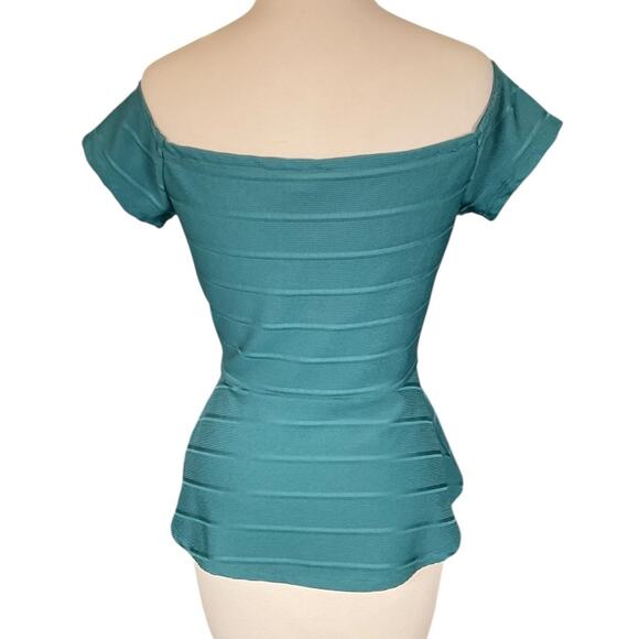 G by Guess Size Large Hunter Green Off The Shoulder Body Wrap Peplum Sexy Top - Picture 2 of 11